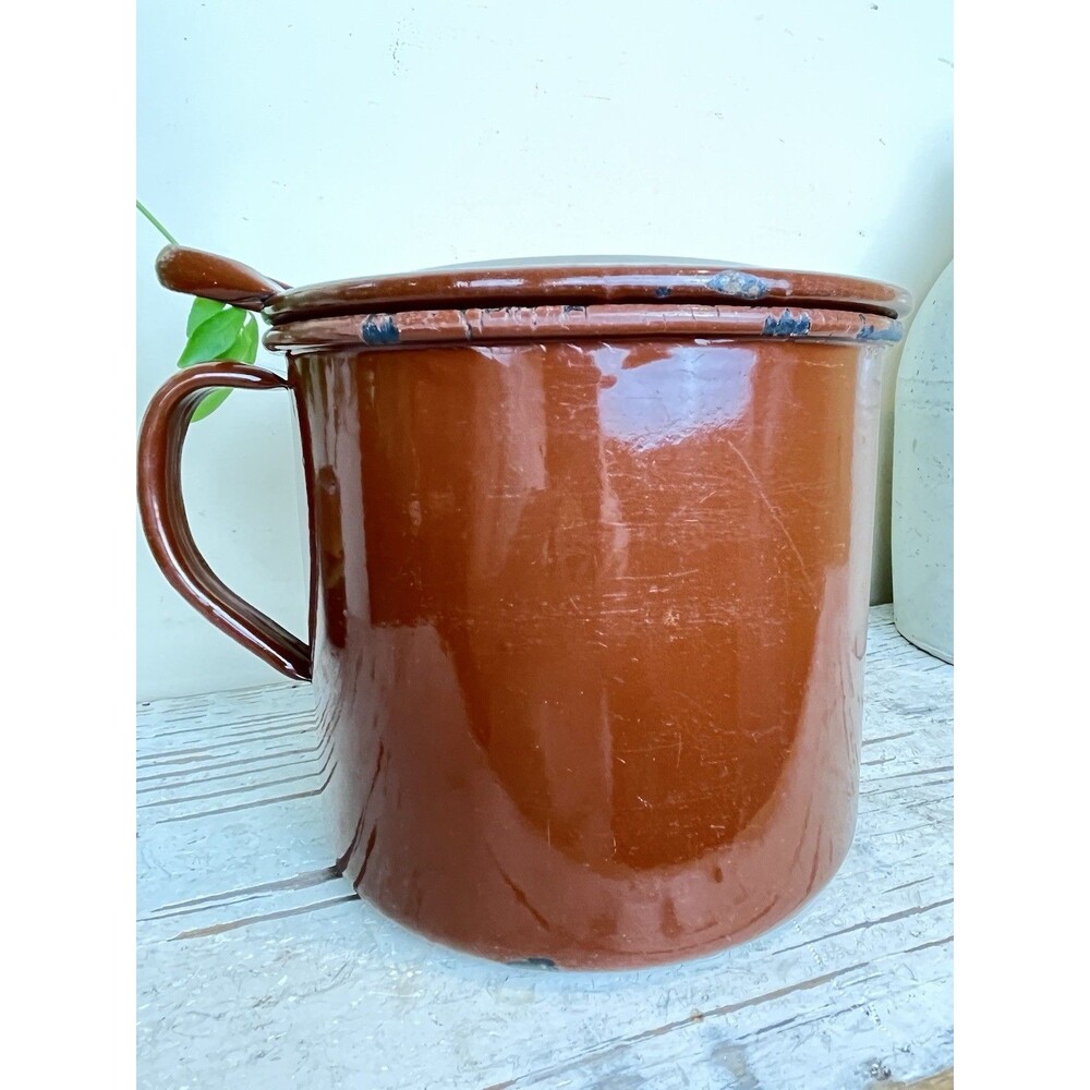 Rare Vintage European Heavy Duty Brown Enamelware Pot W/Lid Country Kitchen 10”
